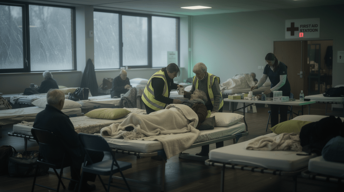 Volunteers setting up camp beds and handing tea to evacuees in a community hall