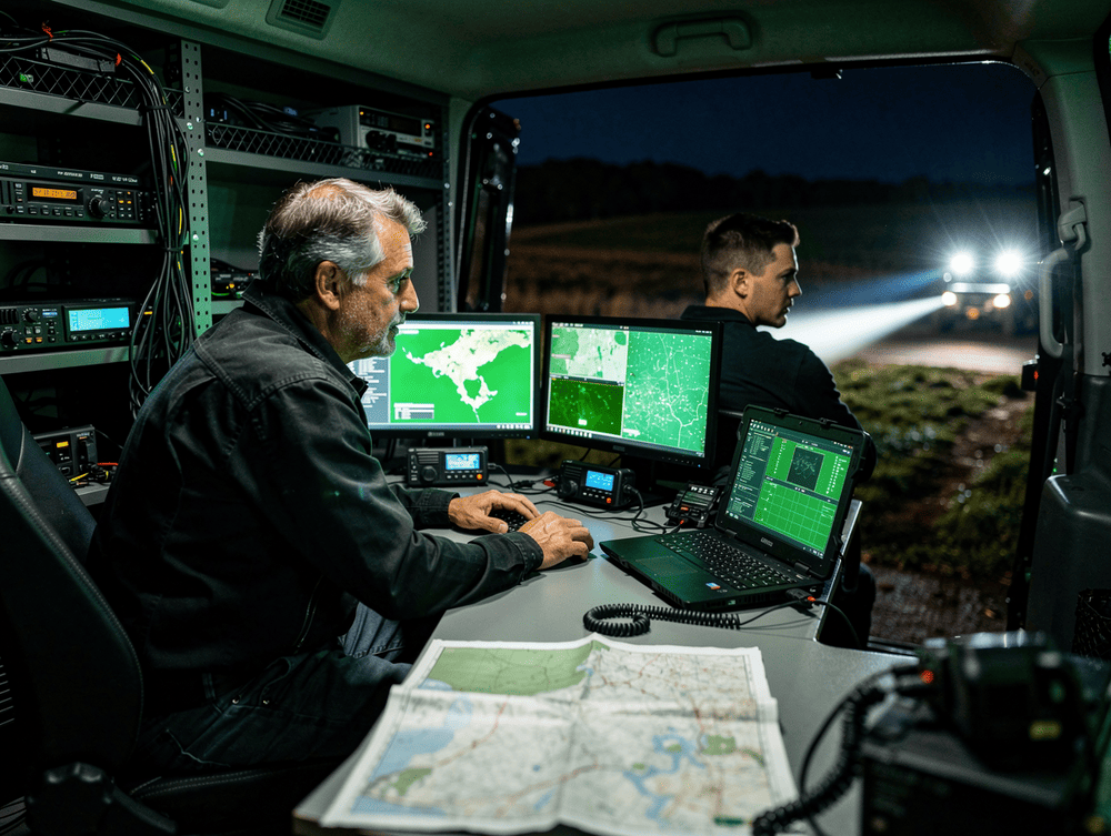 Interior of a compact trailer-based mobile command centre at night. Two operators (one older, one younger) study glowing green map and sensor screens; soft emerald light on their faces
