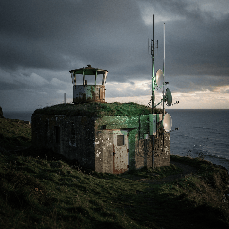 A restored Cold War-era observation post on a green British clifftop at dusk